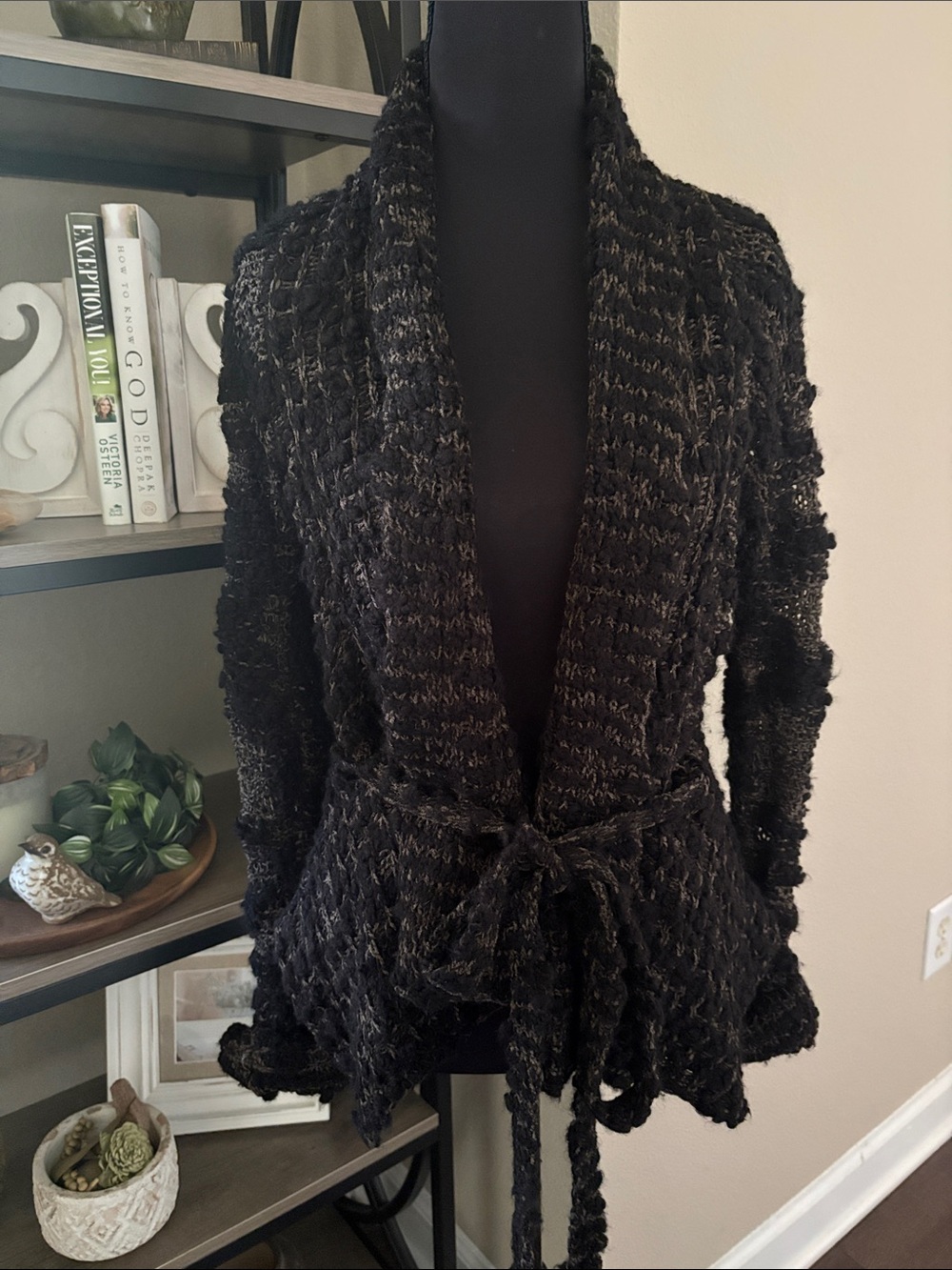 BKE Black and Gray Open-Front Knit Cardigan with Tie Waist